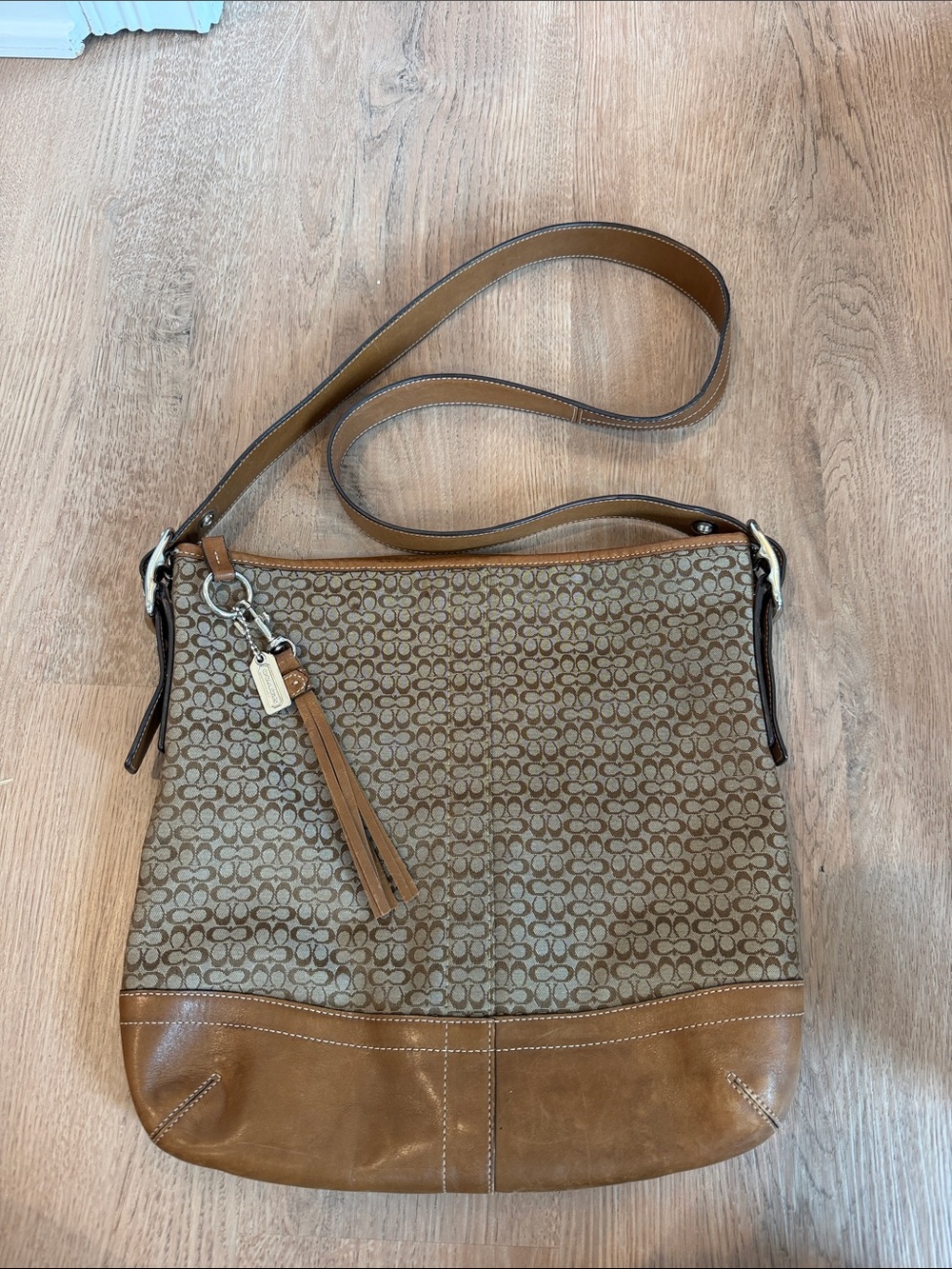 Coach Tan Signature Canvas Shoulder Bag with Leather Trim and Tassel